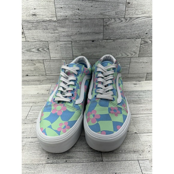 Vans‎ Old Skool Stacked Platform Shoes Womens 8 Men 6.5 Checkerboard Floral Blue - Picture 2 of 11